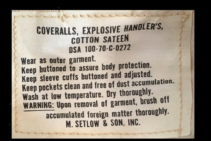 New Vintage G.I. Explosive Handler's Coverall, Cotton Sateen, White,
