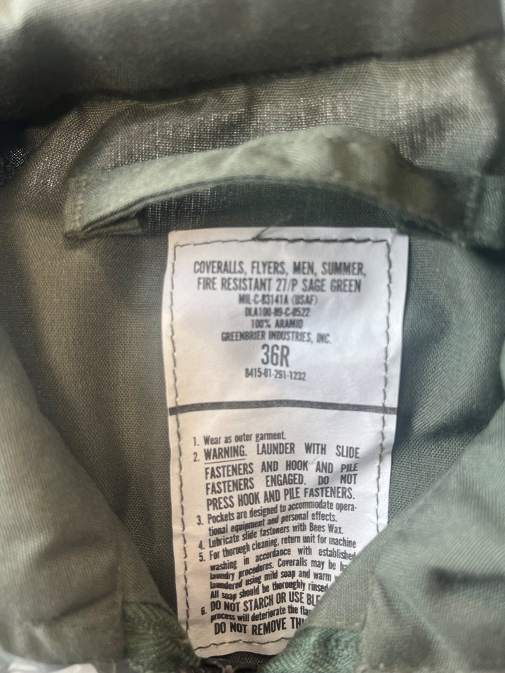 GI CWU 27P FR Coverall, Sage Green with Epaulets